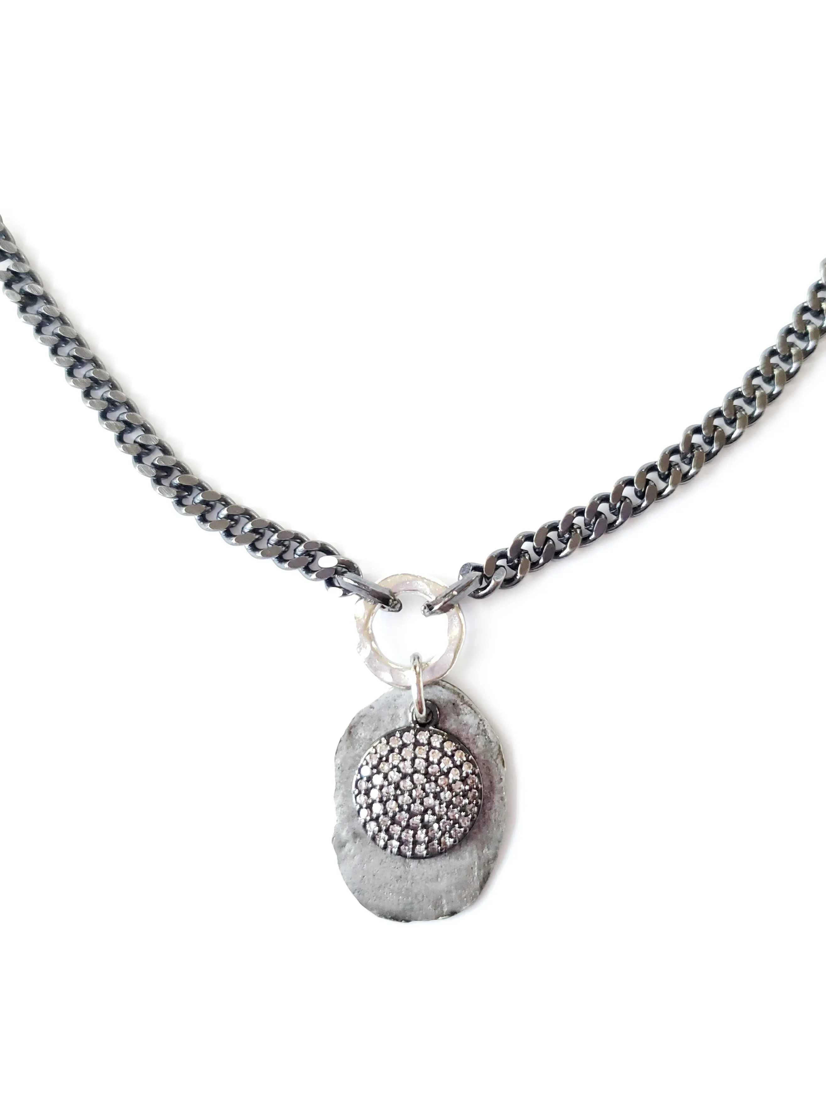Short Gunmetal Coin Silver Disc Necklace