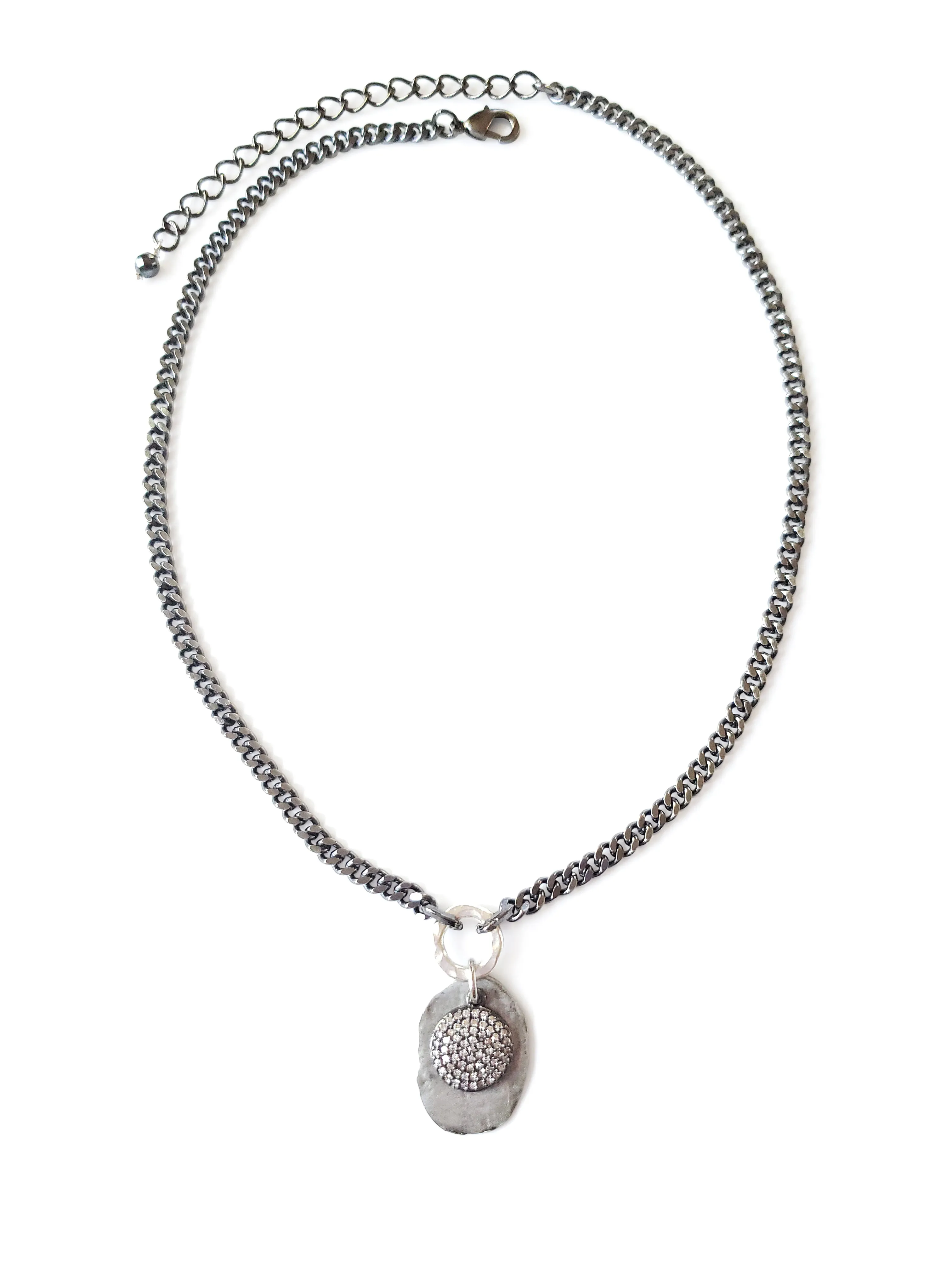 Short Gunmetal Coin Silver Disc Necklace