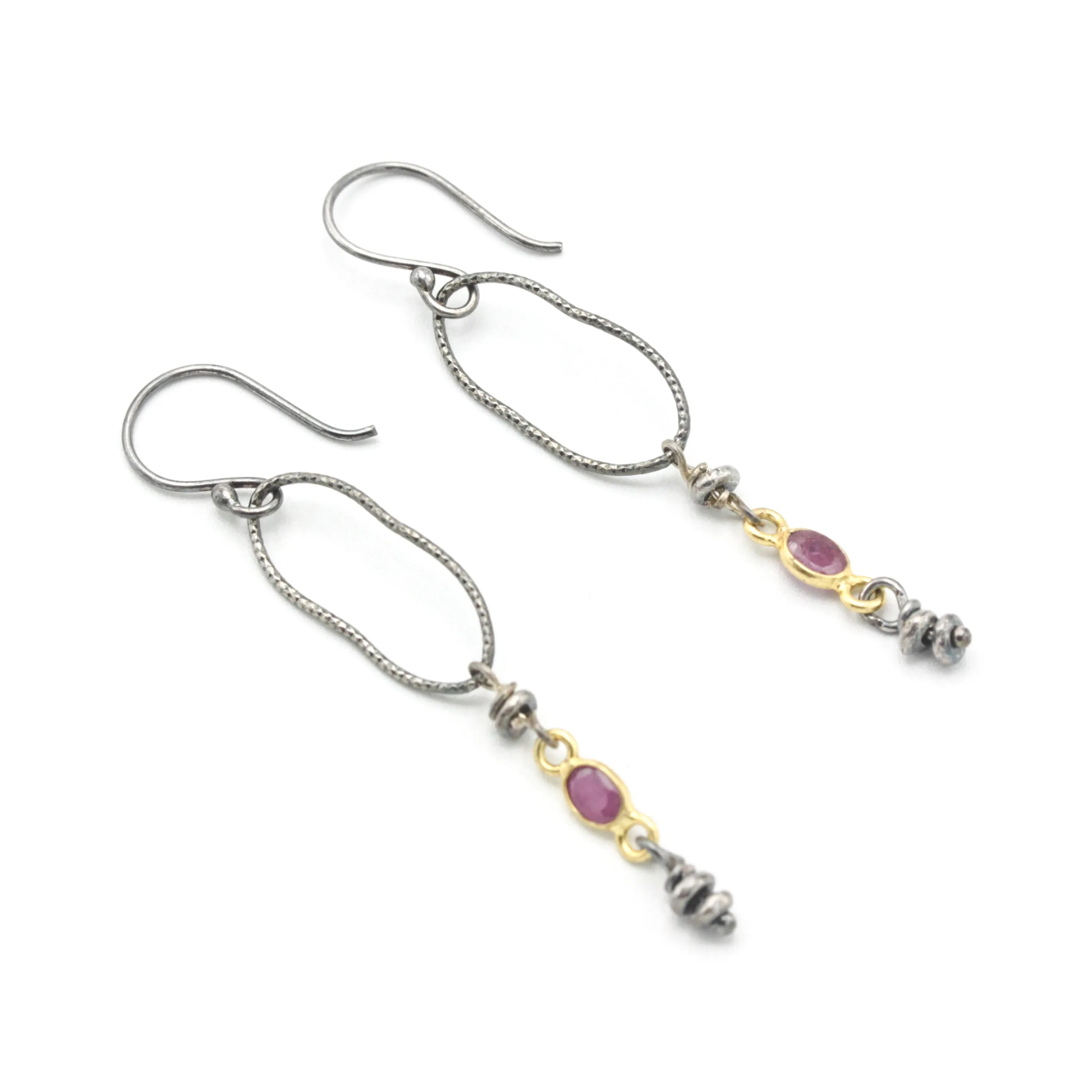 Siamese Ruby Earrings with silver beads and silver peanut shape on hooks style design