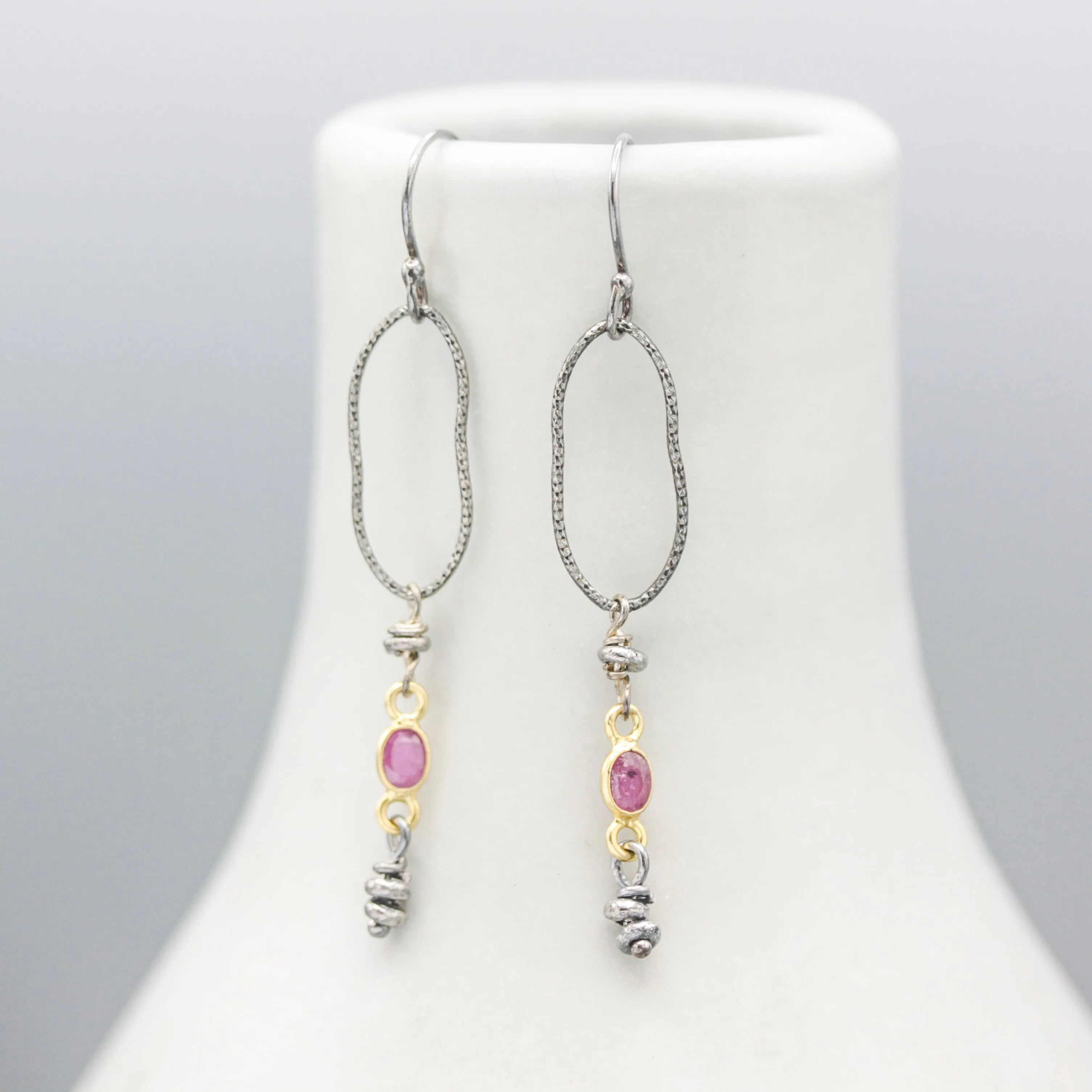 Siamese Ruby Earrings with silver beads and silver peanut shape on hooks style design