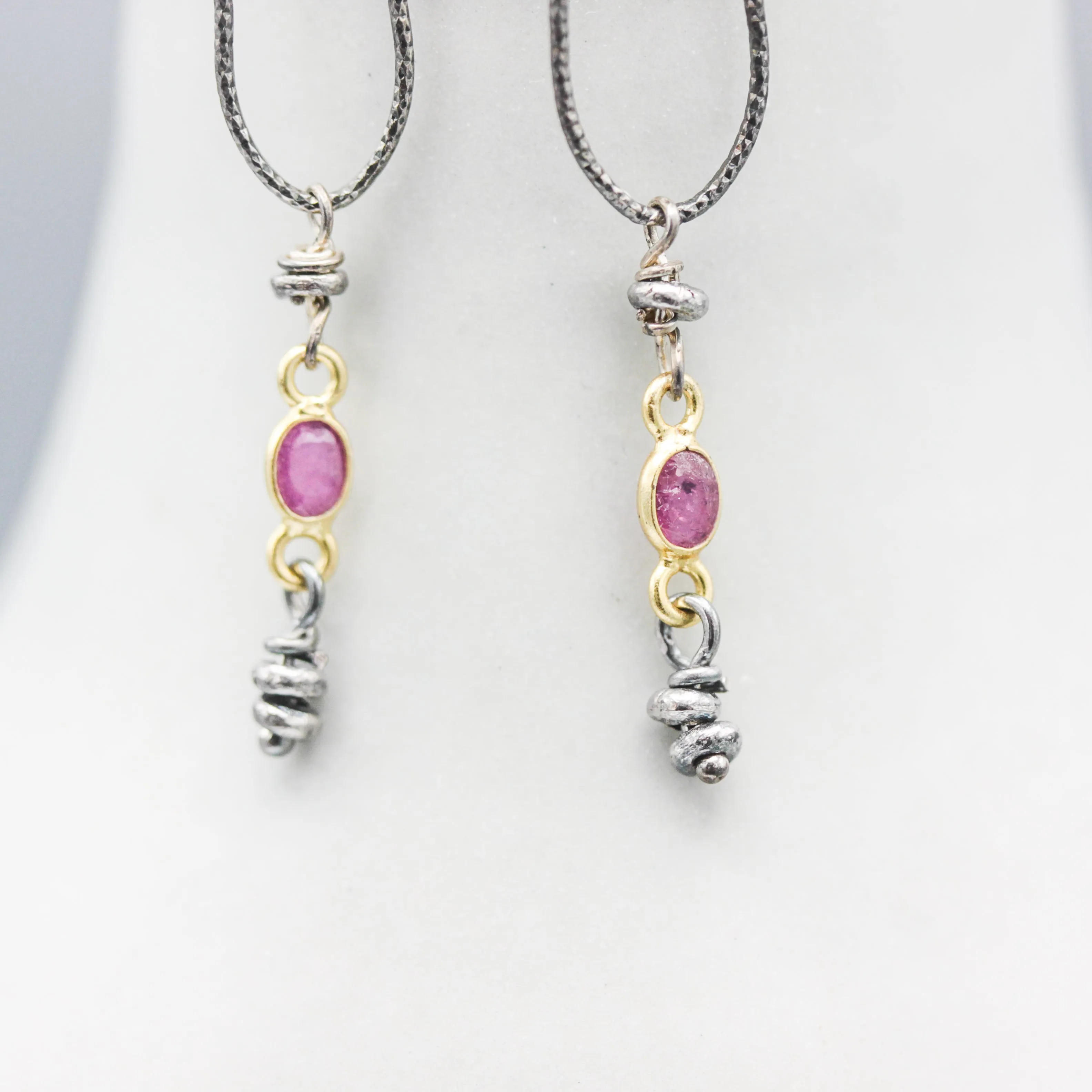 Siamese Ruby Earrings with silver beads and silver peanut shape on hooks style design