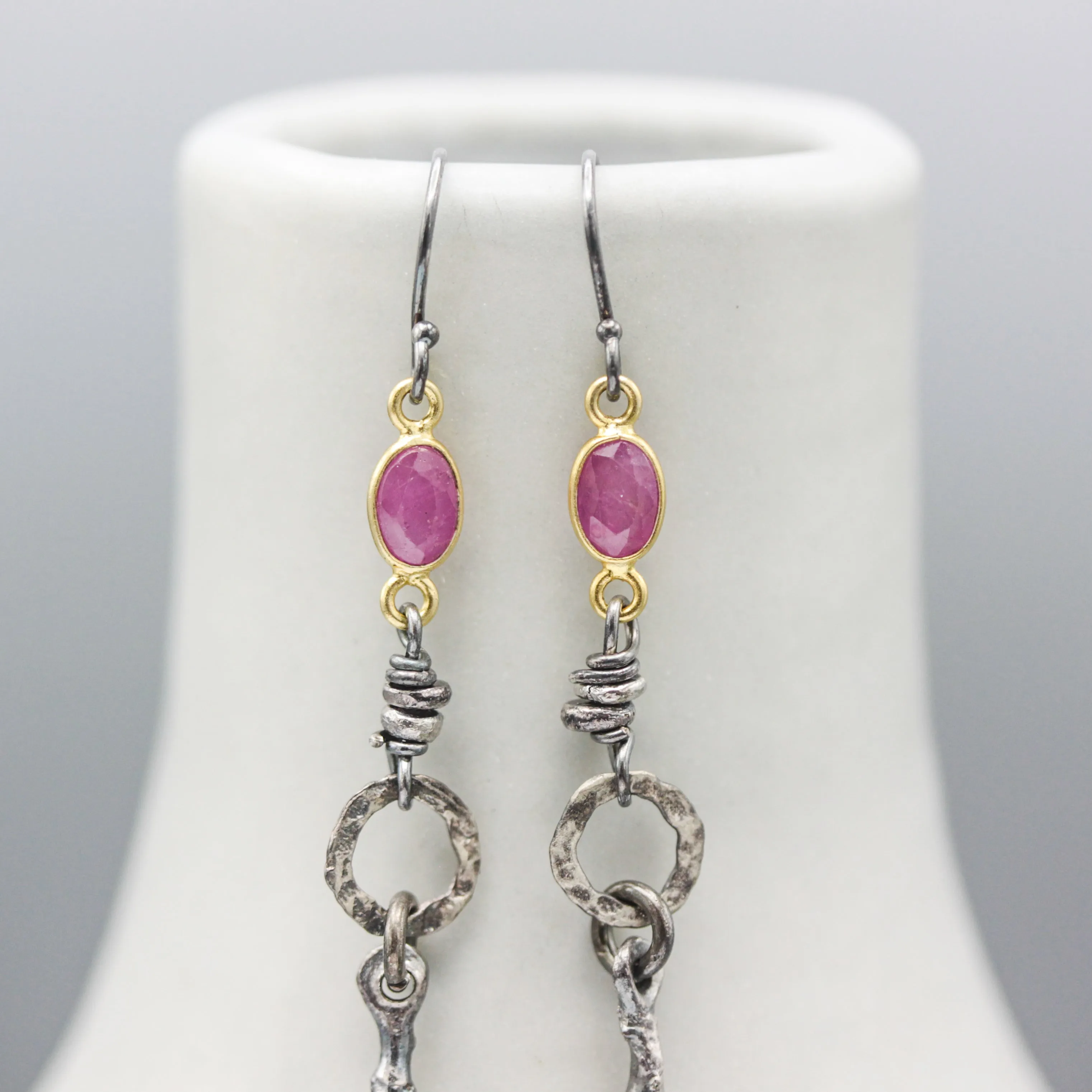Siamese Ruby Earrings with silver beads, silver circle shape and silver stick on hooks style design