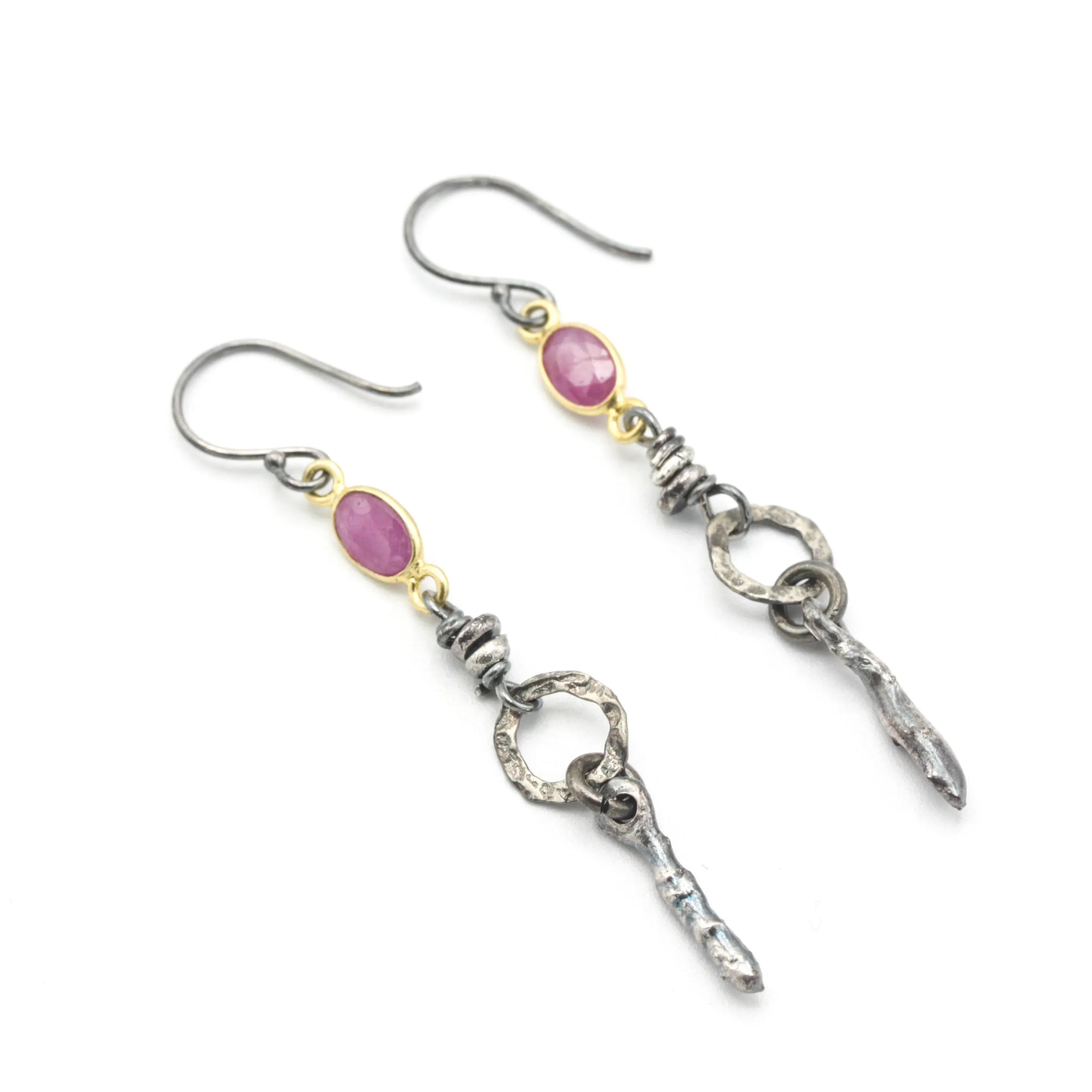 Siamese Ruby Earrings with silver beads, silver circle shape and silver stick on hooks style design