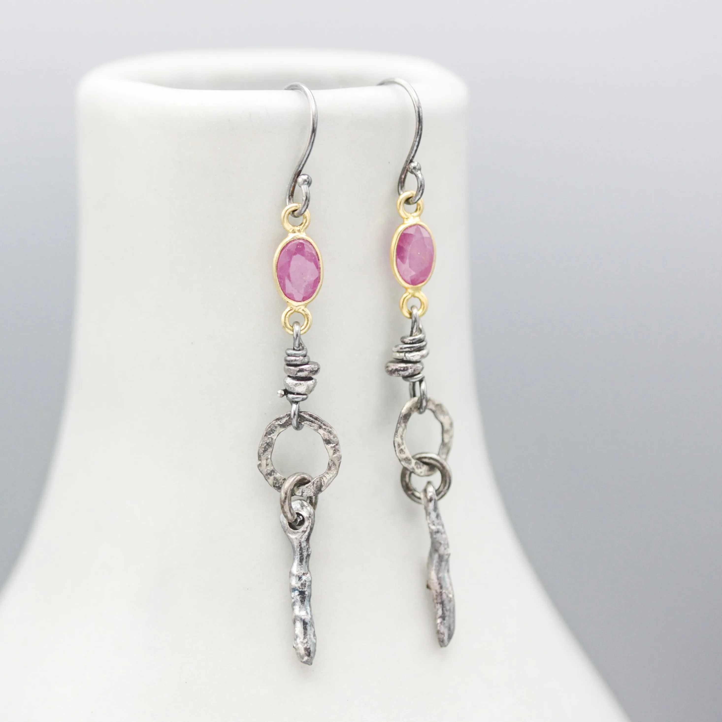 Siamese Ruby Earrings with silver beads, silver circle shape and silver stick on hooks style design