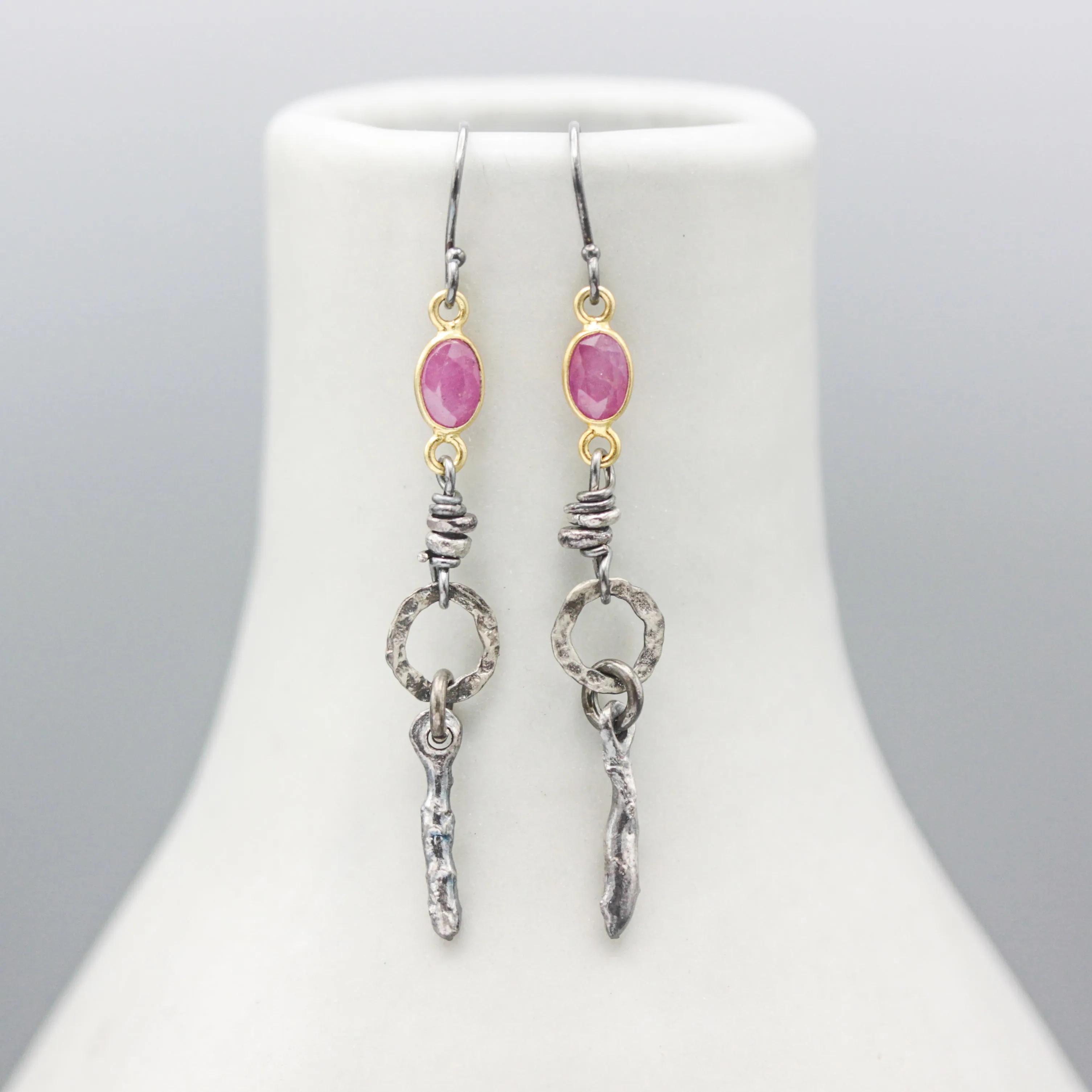Siamese Ruby Earrings with silver beads, silver circle shape and silver stick on hooks style design