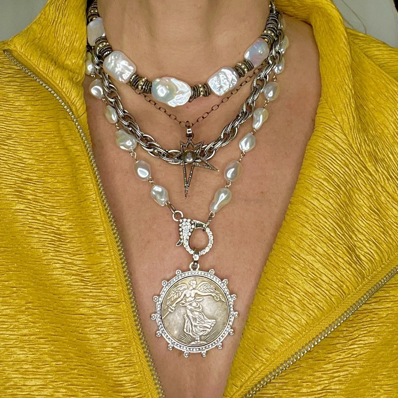 Silver and Pearl Winged Victoria Coin Pendant Necklace