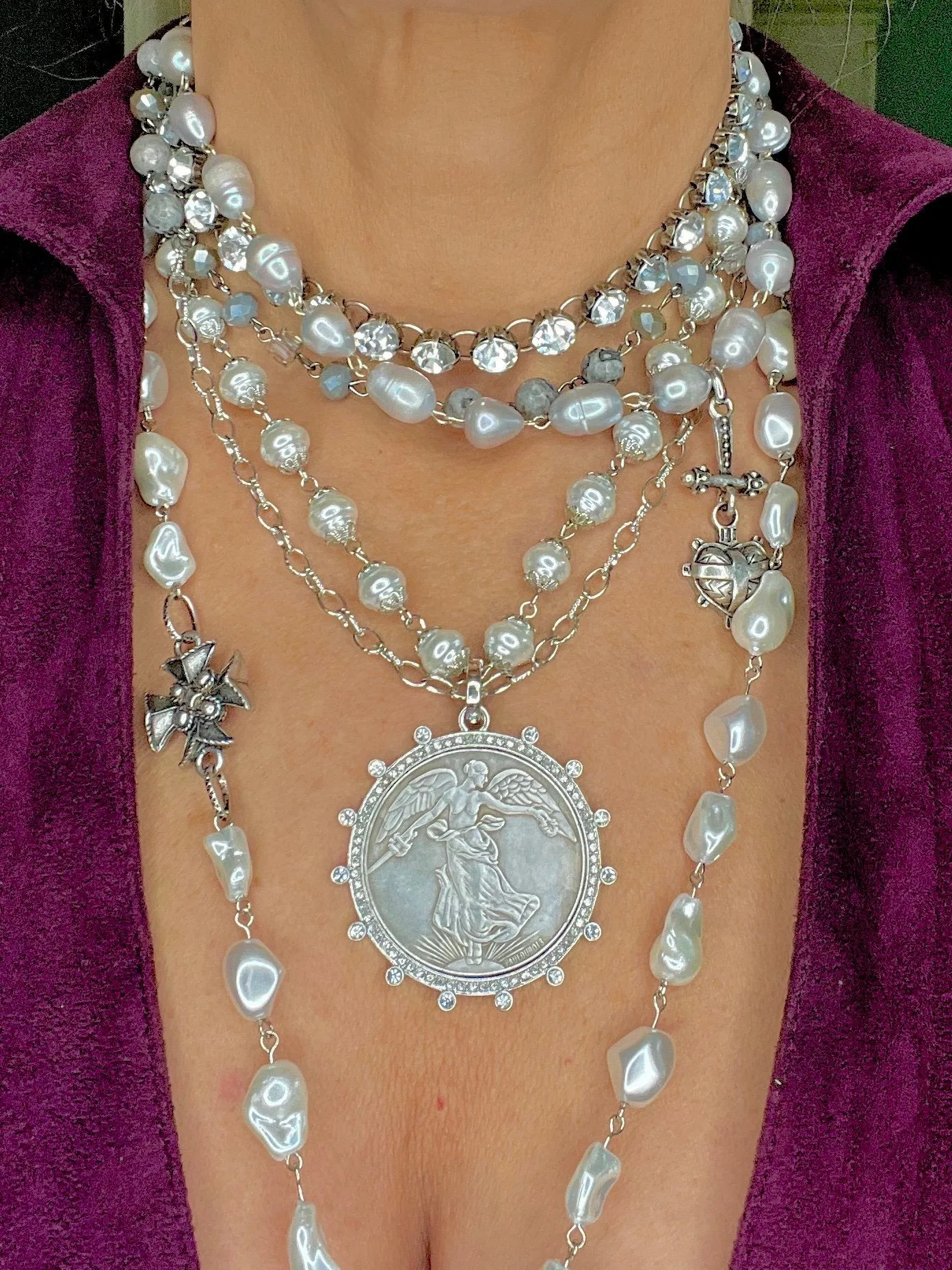 Silver and Pearl Winged Victoria Coin Pendant Necklace