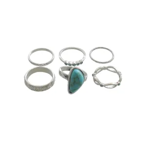 Silver and Turquoise 6Pc Large Stone And Bands Ring Set #GFR807(NA18)