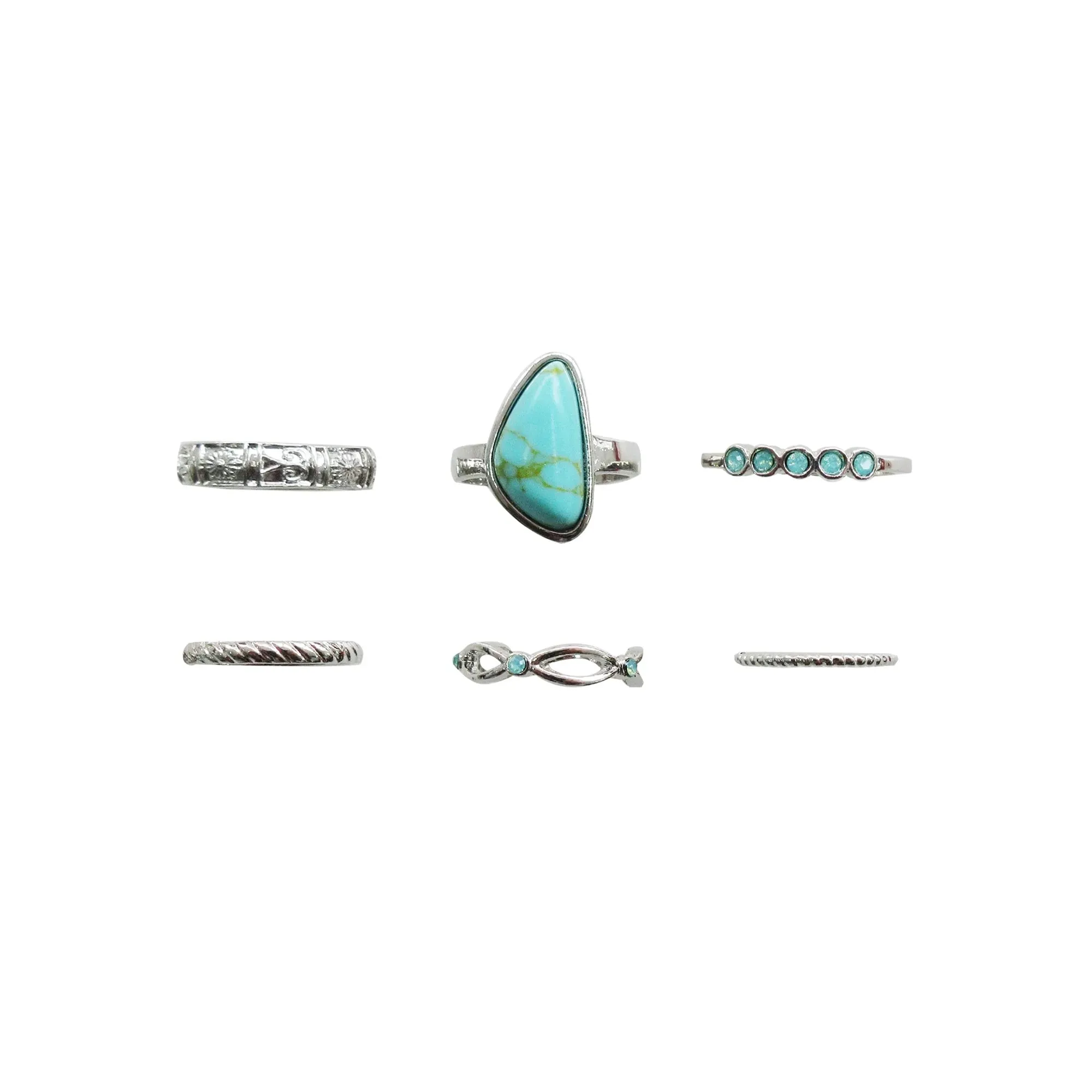 Silver and Turquoise 6Pc Large Stone And Bands Ring Set #GFR807(NA18)