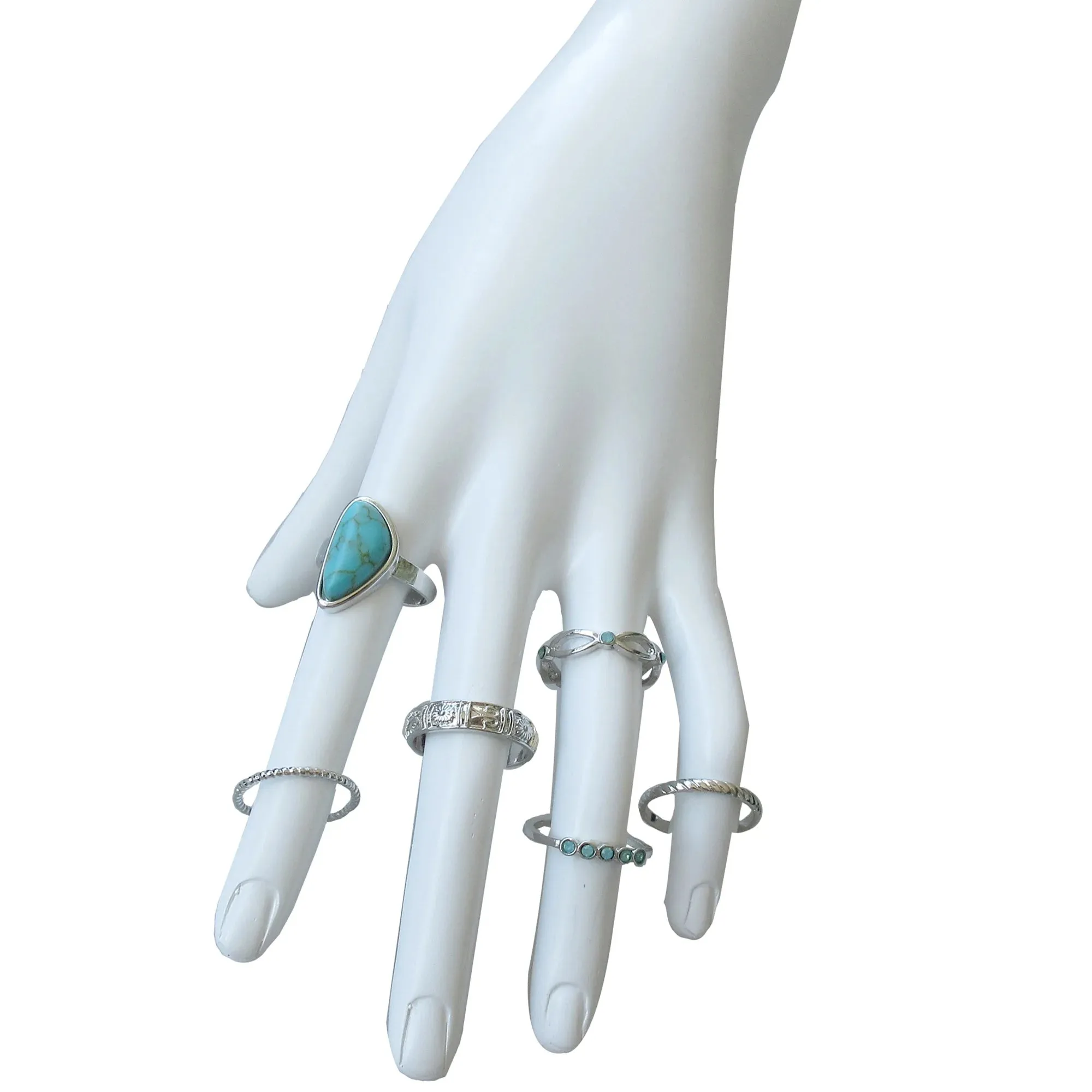 Silver and Turquoise 6Pc Large Stone And Bands Ring Set #GFR807(NA18)