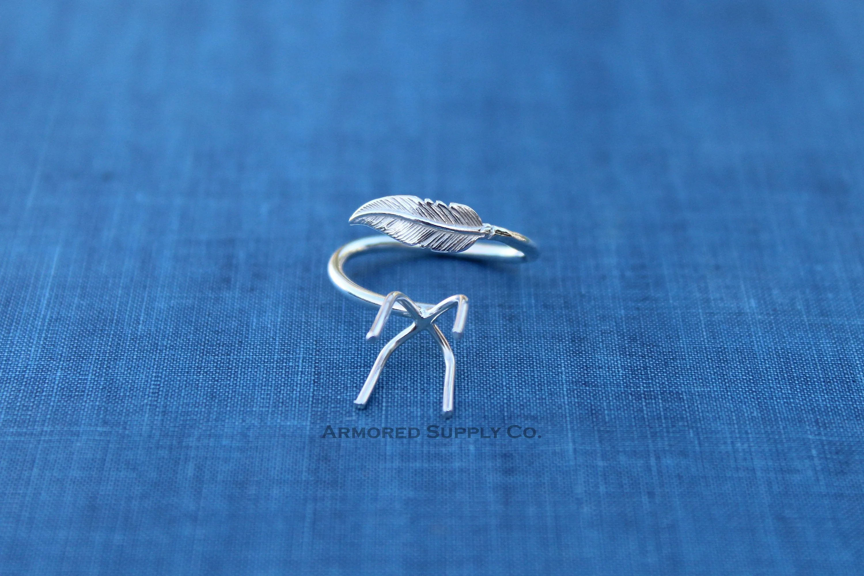Silver Feather Adjustable Claw Prong Ring blank