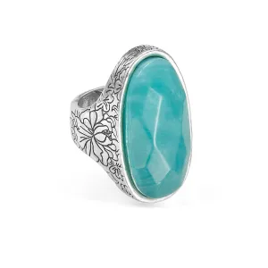 SILVER FLOWER CARVING TURQUOISE  RINGS #293TQ5201 (8B1/8F1)