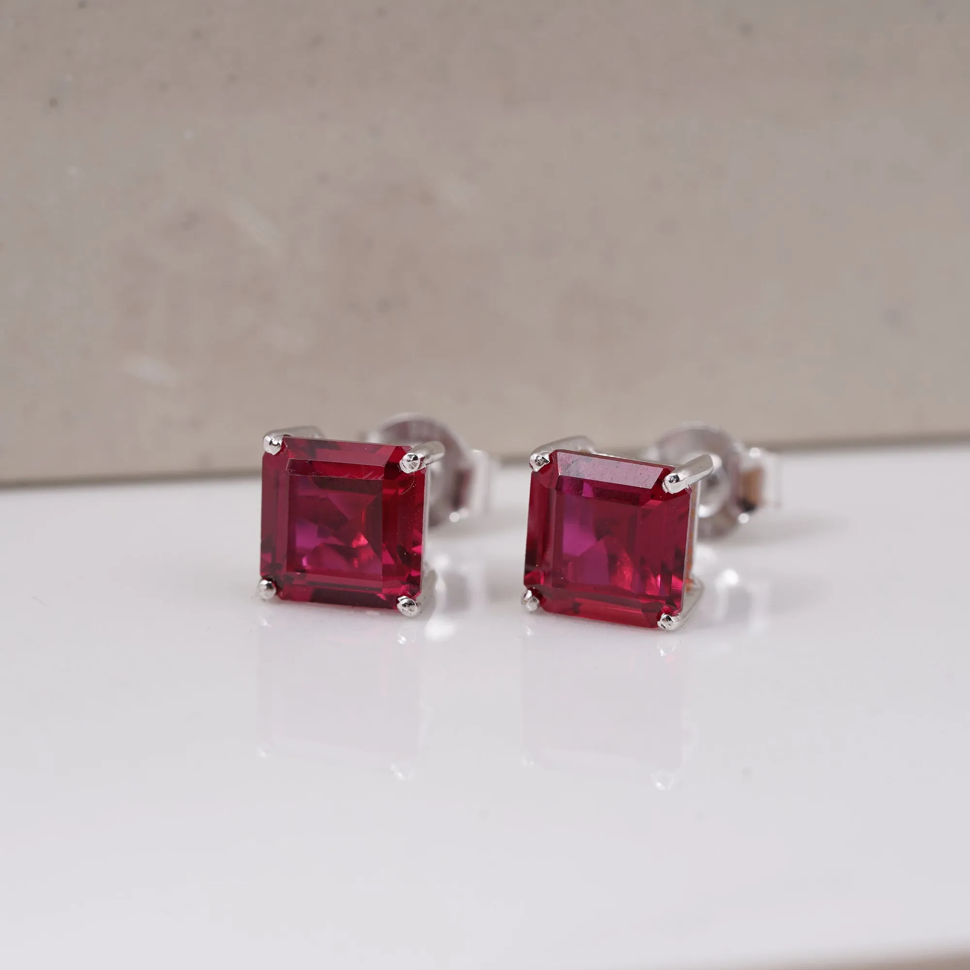 Silver Pink Ruby Solitaire Stud Earring