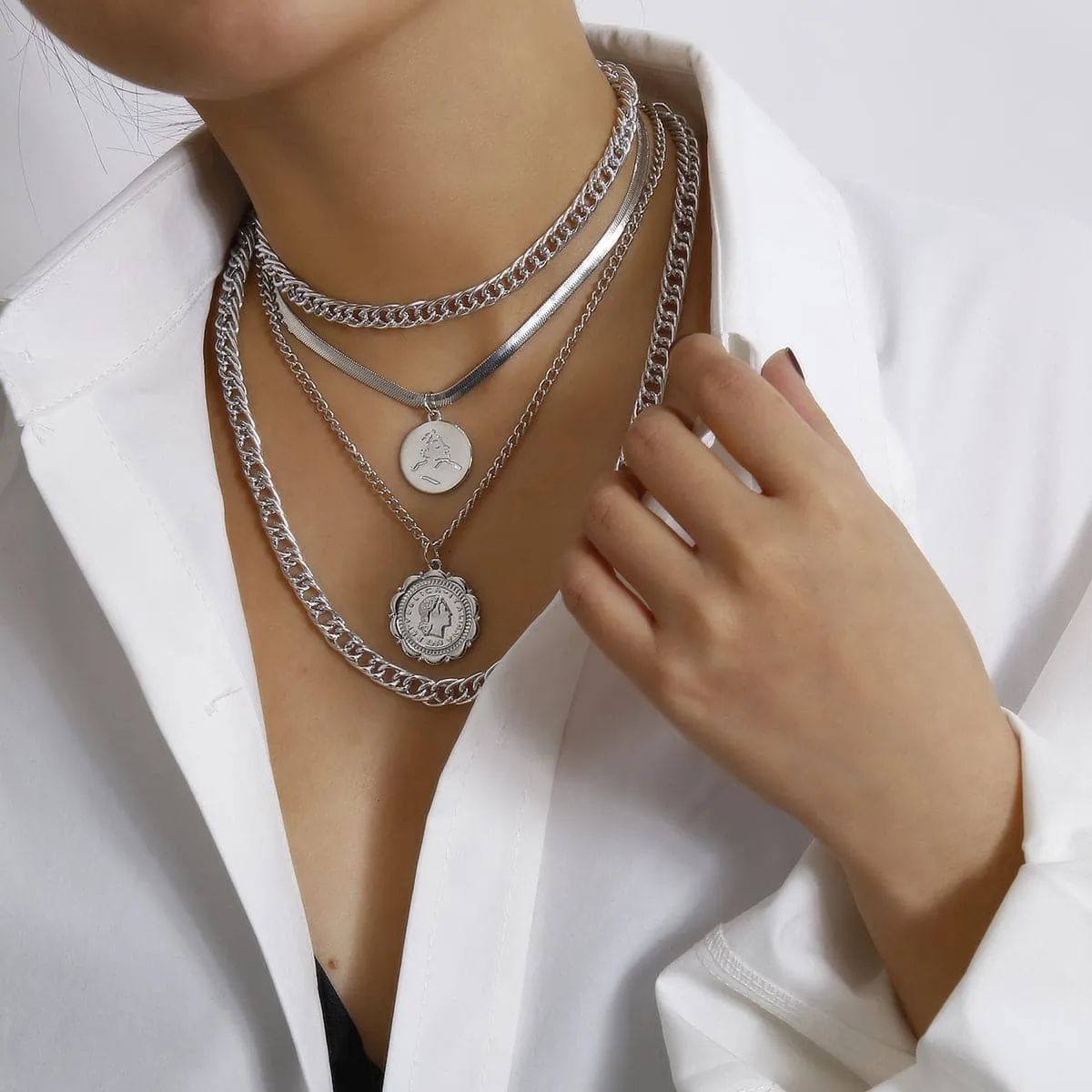 Silver-Plated Coin Layered Pendant Necklace Set