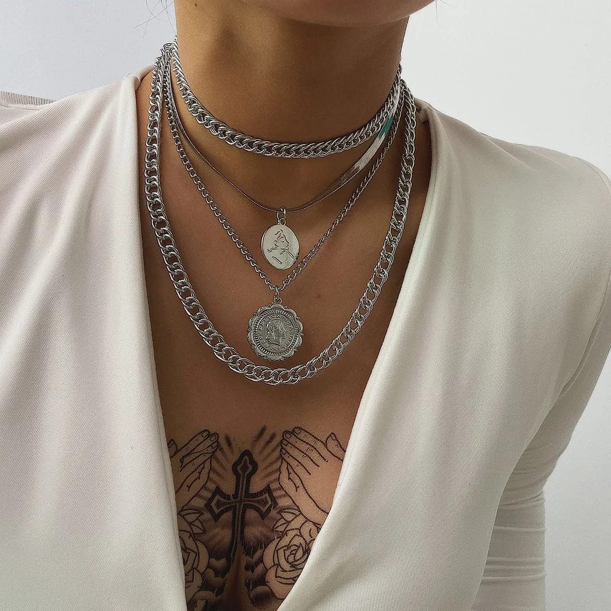 Silver-Plated Coin Layered Pendant Necklace Set