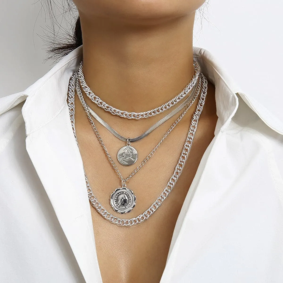 Silver-Plated Coin Layered Pendant Necklace Set