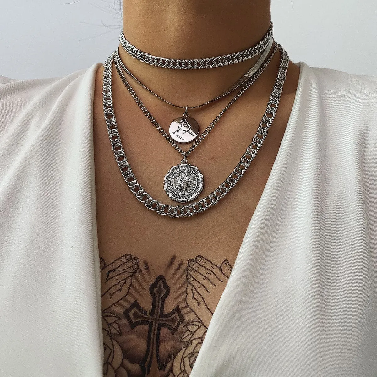 Silver-Plated Coin Layered Pendant Necklace Set