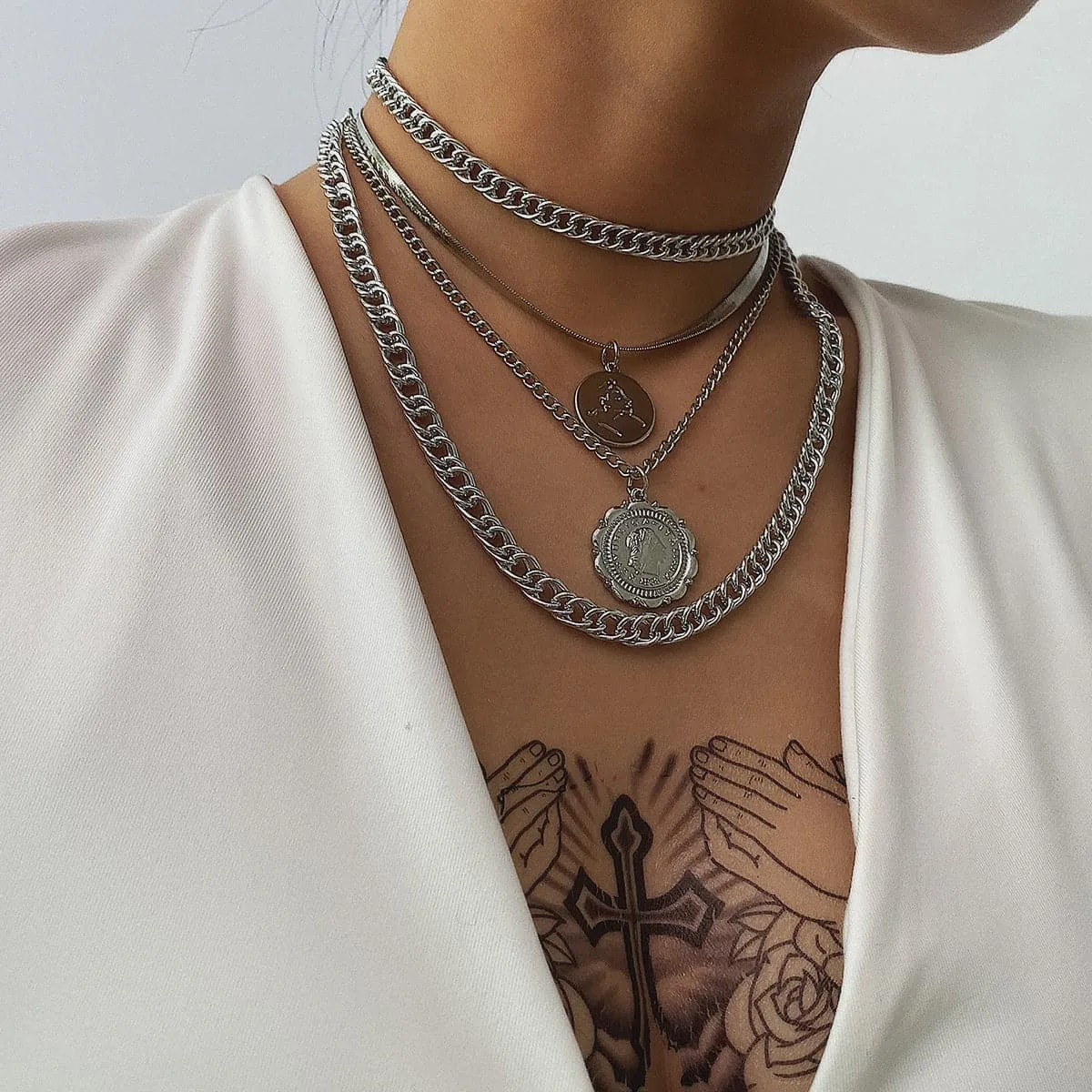 Silver-Plated Coin Layered Pendant Necklace Set