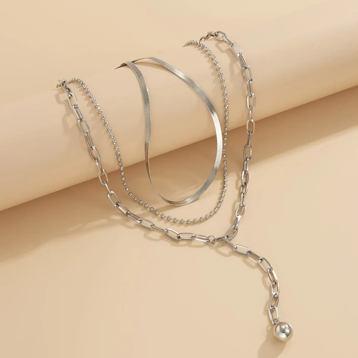 Silver-Plated Snake Chain Bead Drop Layered Necklace