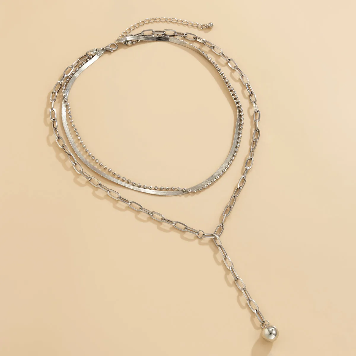 Silver-Plated Snake Chain Bead Drop Layered Necklace