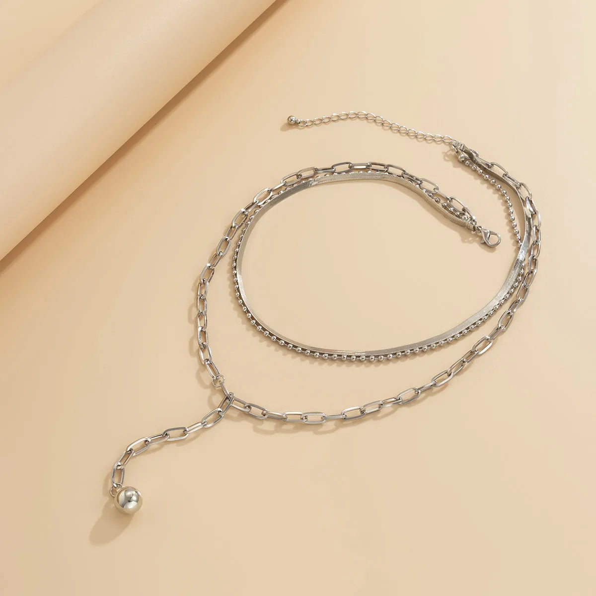 Silver-Plated Snake Chain Bead Drop Layered Necklace