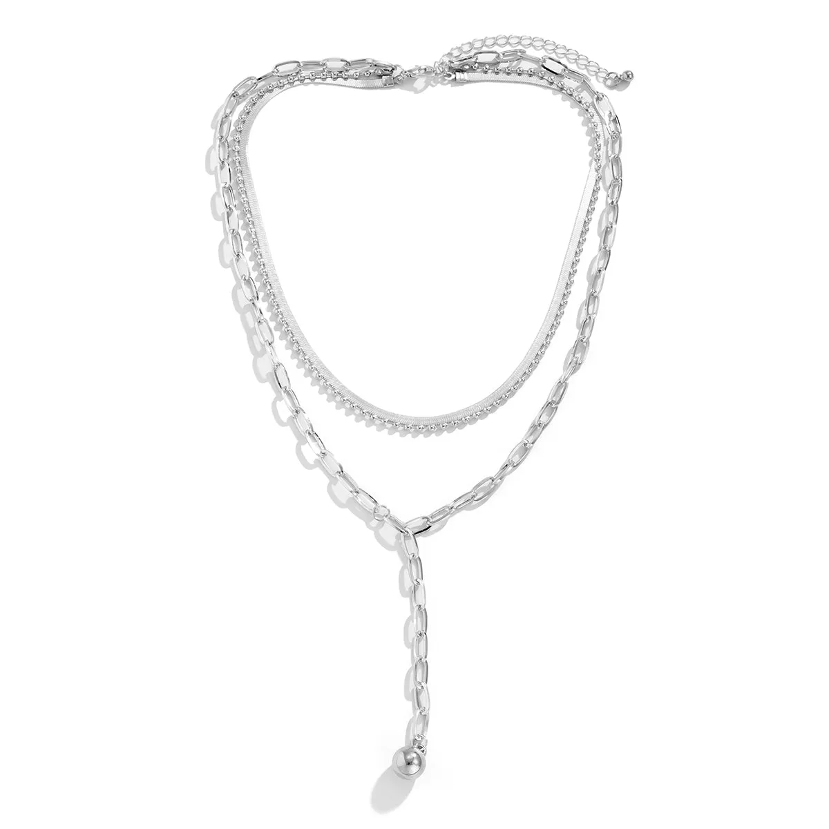 Silver-Plated Snake Chain Bead Drop Layered Necklace