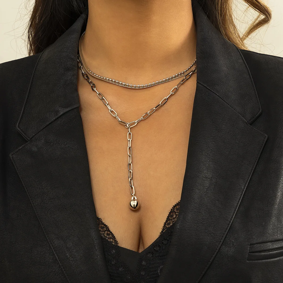 Silver-Plated Snake Chain Bead Drop Layered Necklace