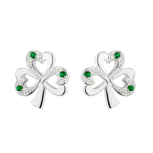 SILVER SYNTHETIC EMERALD SHAMROCK STUD EARRINGS