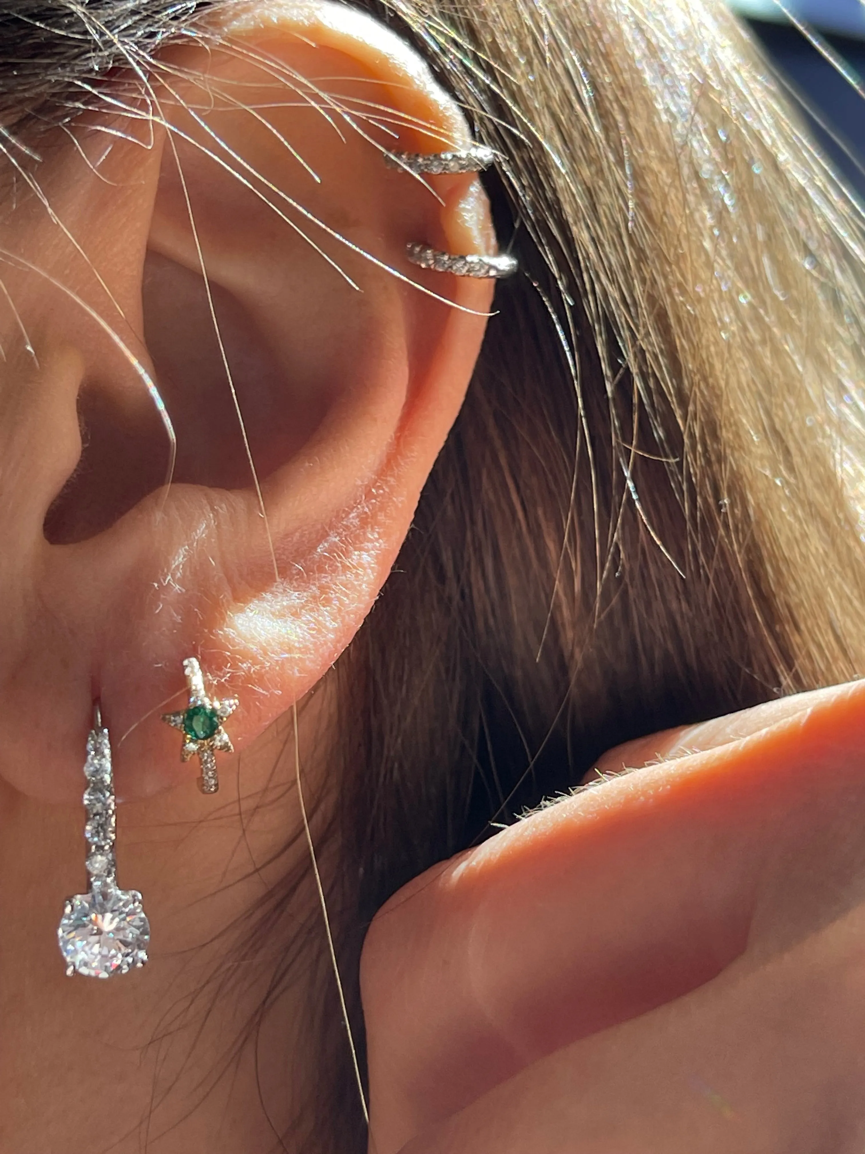 SIRIUS STAR EMERALD AND DIAMOND HUGGY HOOP EARRINGS