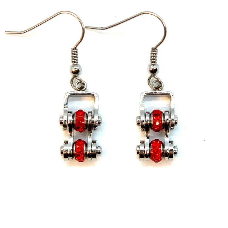 SK2214E July Edition Ladies Mini Mini 3/8" Wide Stainless Steel Ruby Imitation Crystal Earrings