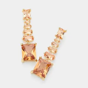 Small Dangle CZ Emerald Cut Gold Stone Pageant Earrings  | Interview Earrings |  623034