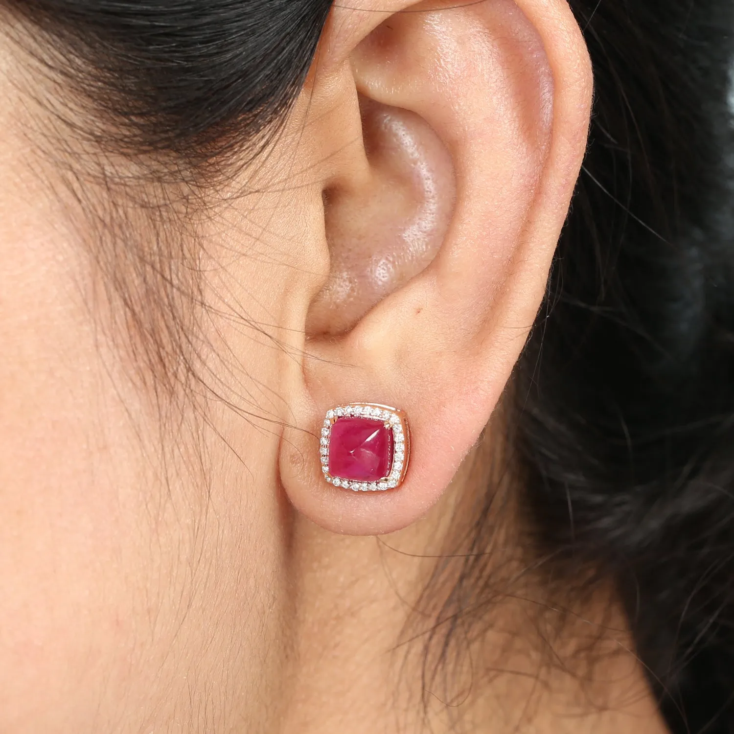 Spike Design Ruby Pave Diamond Halo Stud Earrings In 18k Yellow Gold For Her