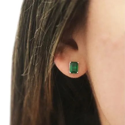 Sterling Silver 2.00 CTTW Emerald Cut Green Emerald Stud Earrings