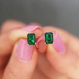 Sterling Silver 2.00 CTTW Emerald Cut Green Emerald Stud Earrings