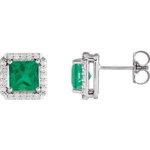 Sterling Silver 5x5 mm Lab-Grown Emerald 1/6 CTW Natural Diamond Halo-Style Earrings
