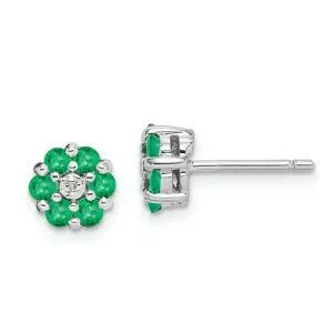 Sterling Silver Emerald   Diamond Mini Flower Stud Earrings