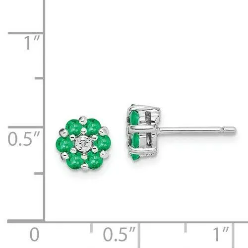Sterling Silver Emerald   Diamond Mini Flower Stud Earrings