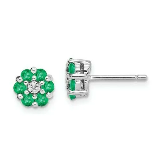 Sterling Silver Emerald   Diamond Mini Flower Stud Earrings