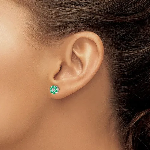 Sterling Silver Emerald   Diamond Mini Flower Stud Earrings