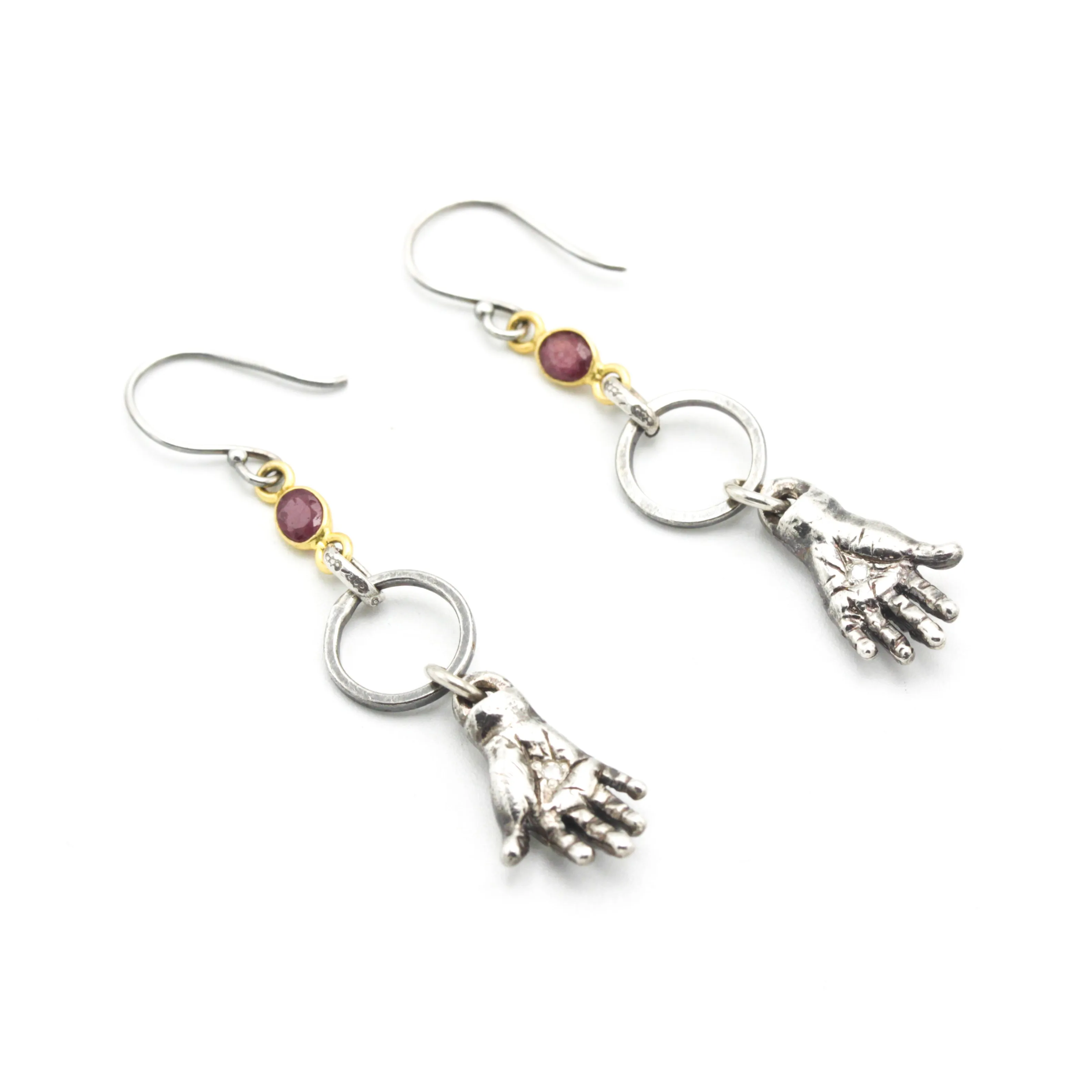 Sterling silver hand shape earrings with Diamond and Siamese Ruby on  hooks style design