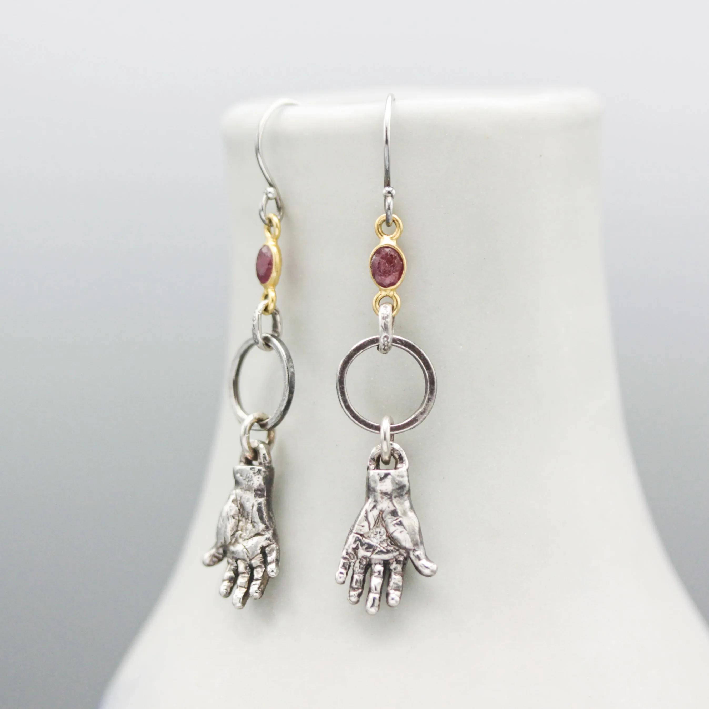 Sterling silver hand shape earrings with Diamond and Siamese Ruby on  hooks style design