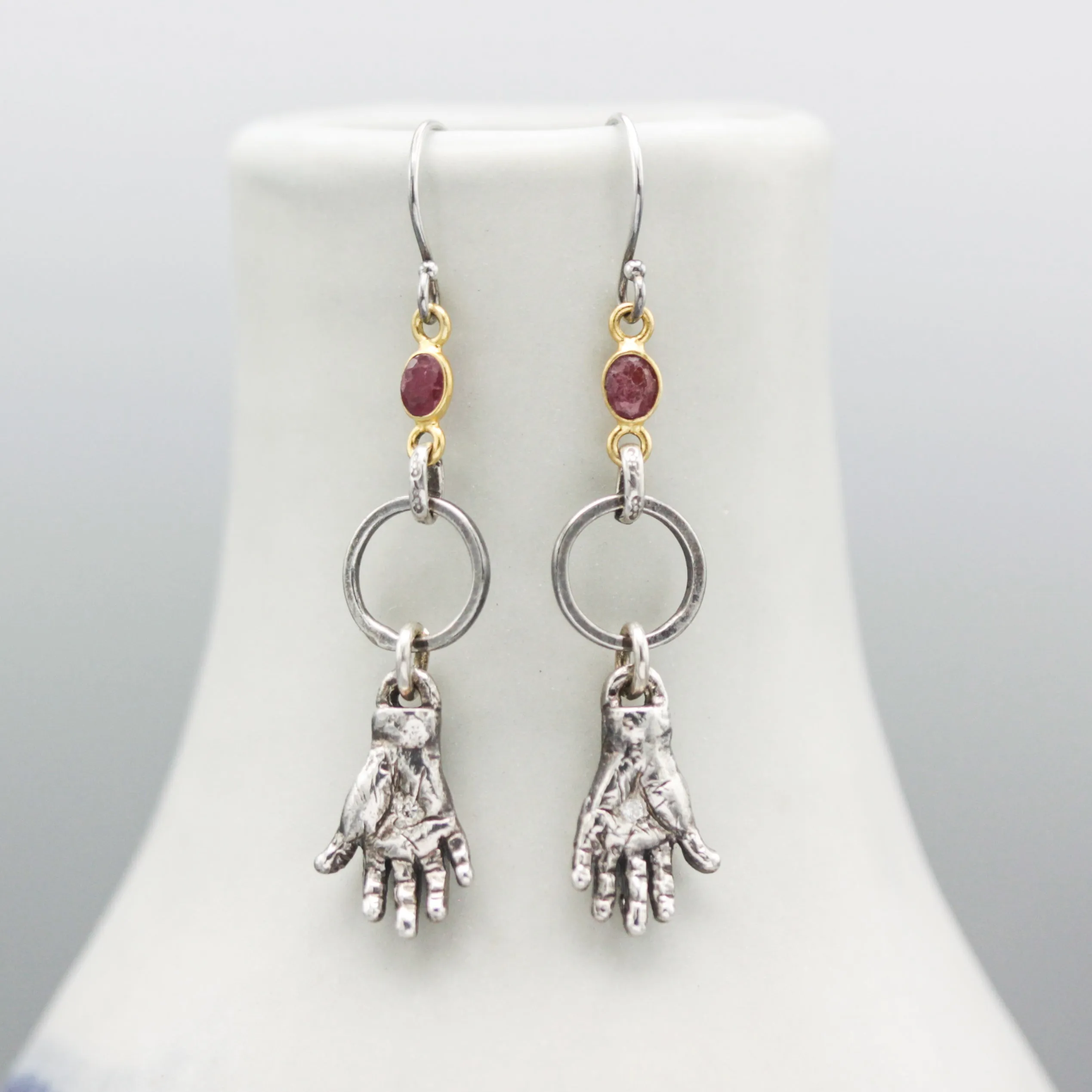 Sterling silver hand shape earrings with Diamond and Siamese Ruby on  hooks style design