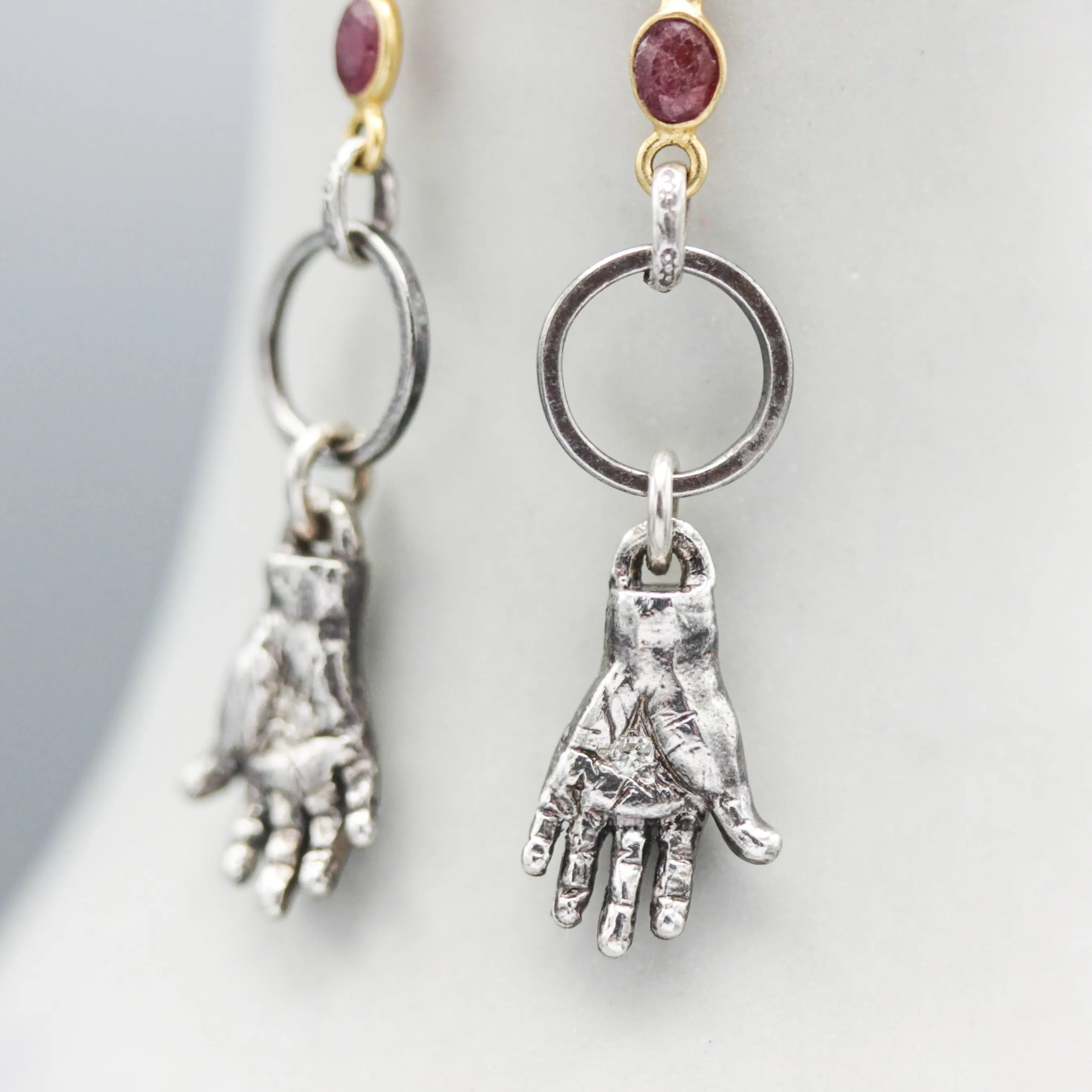 Sterling silver hand shape earrings with Diamond and Siamese Ruby on  hooks style design