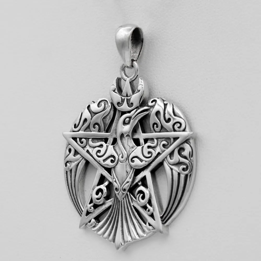 Sterling Silver Large Crescent Raven Pentacle Pentagram Pendant; 1.25 Inch Diameter