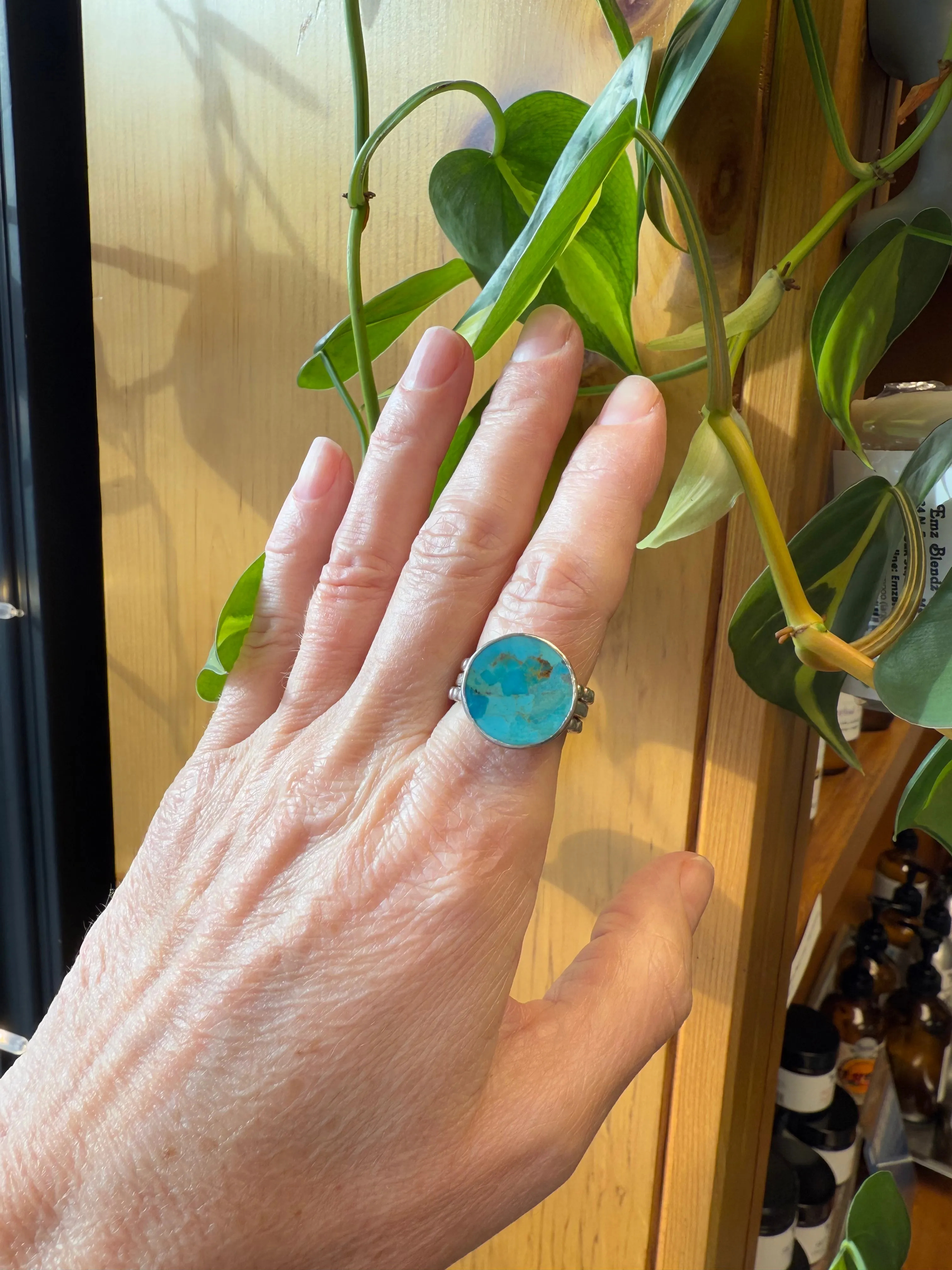 Sterling Silver Mohave Turquoise Coin Ring | Handcrafted Artisan Jewelry