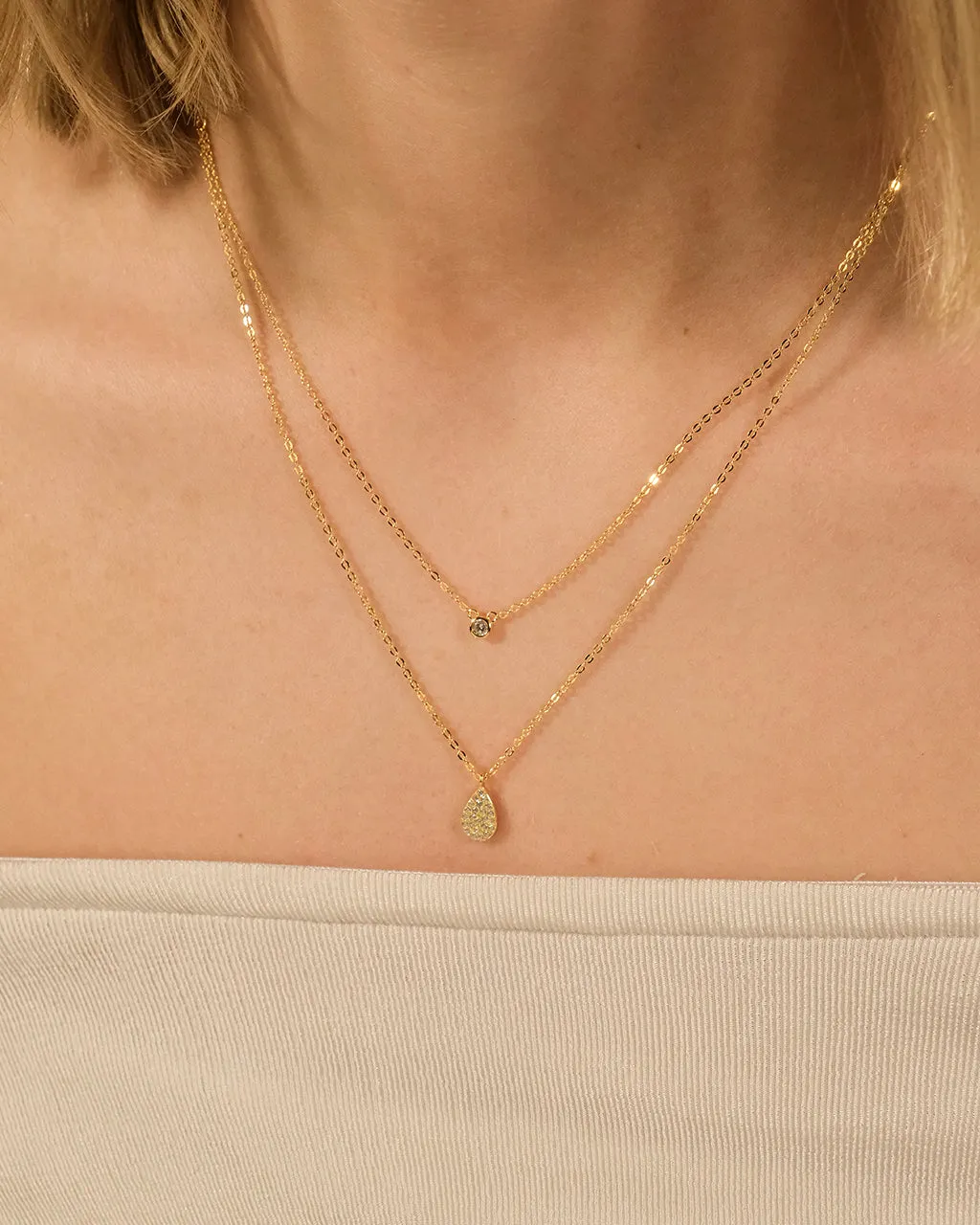 Sterling Silver Teardrop & CZ Layered Necklace