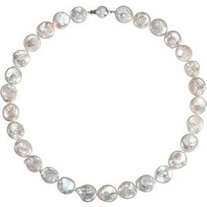 Sterling Silver White Freshwater Cultured Coin Pearl 18" Necklace