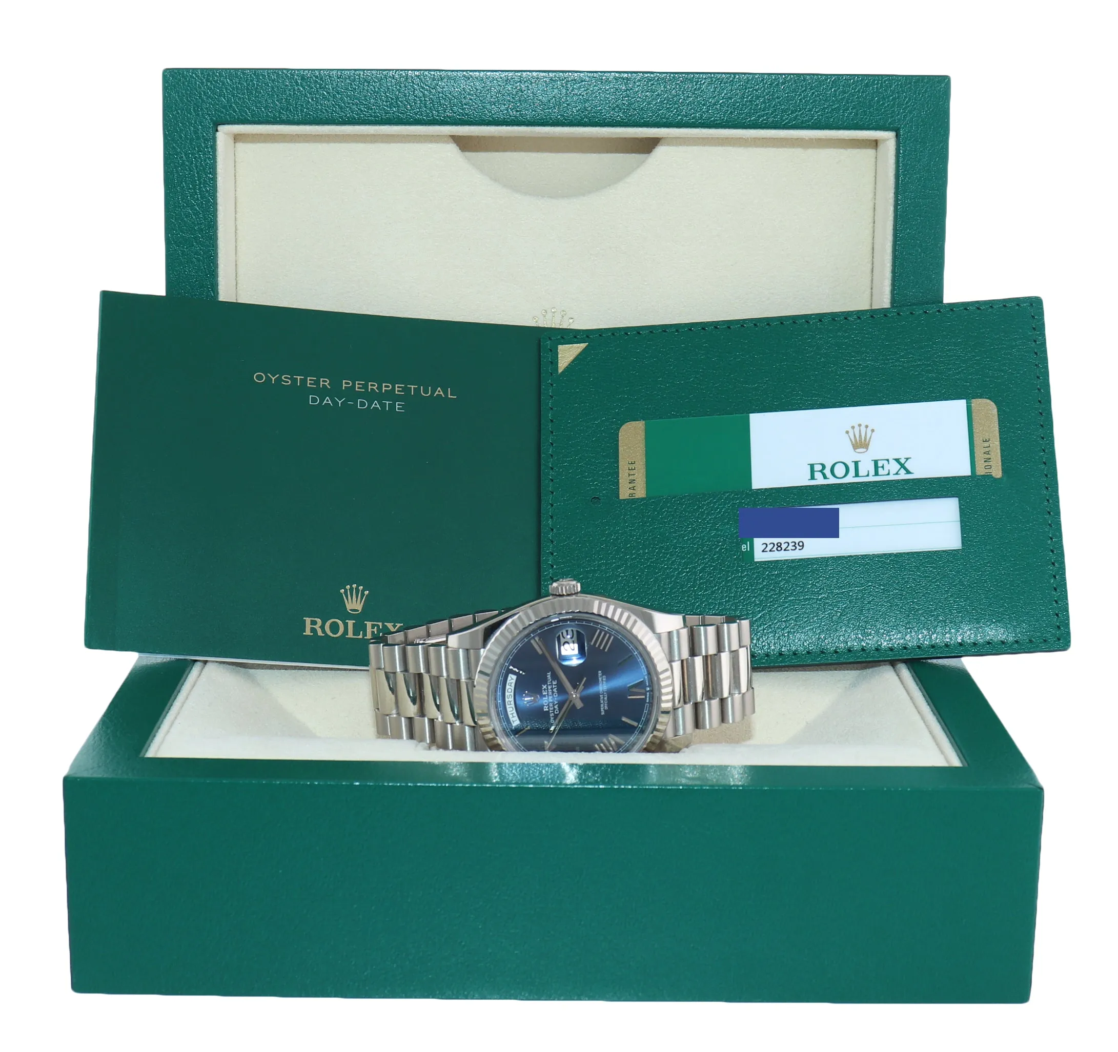 STICKERS PAPERS 2019 Rolex 40 White Gold President Blue Roman 228239 Watch Box