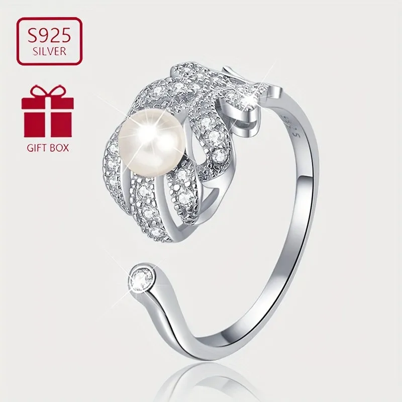 Stylish Pearl & Feather Zirconia Ring in 925 Silver