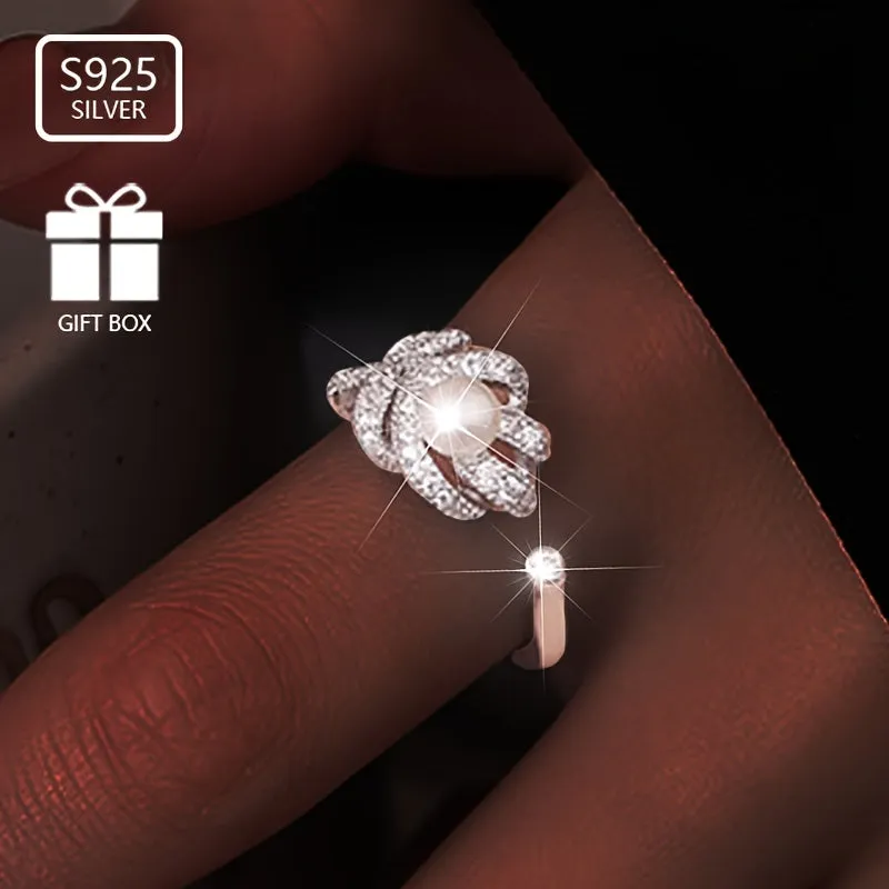 Stylish Pearl & Feather Zirconia Ring in 925 Silver